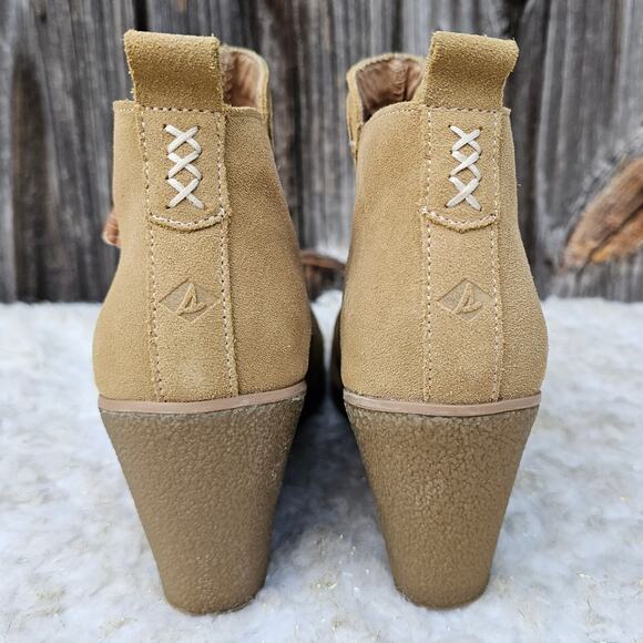 Ruched Suede Ankle Wedge Boot Sperry Harper Kara Bootie Size 8 Tan Leather Zip - Picture 5 of 13